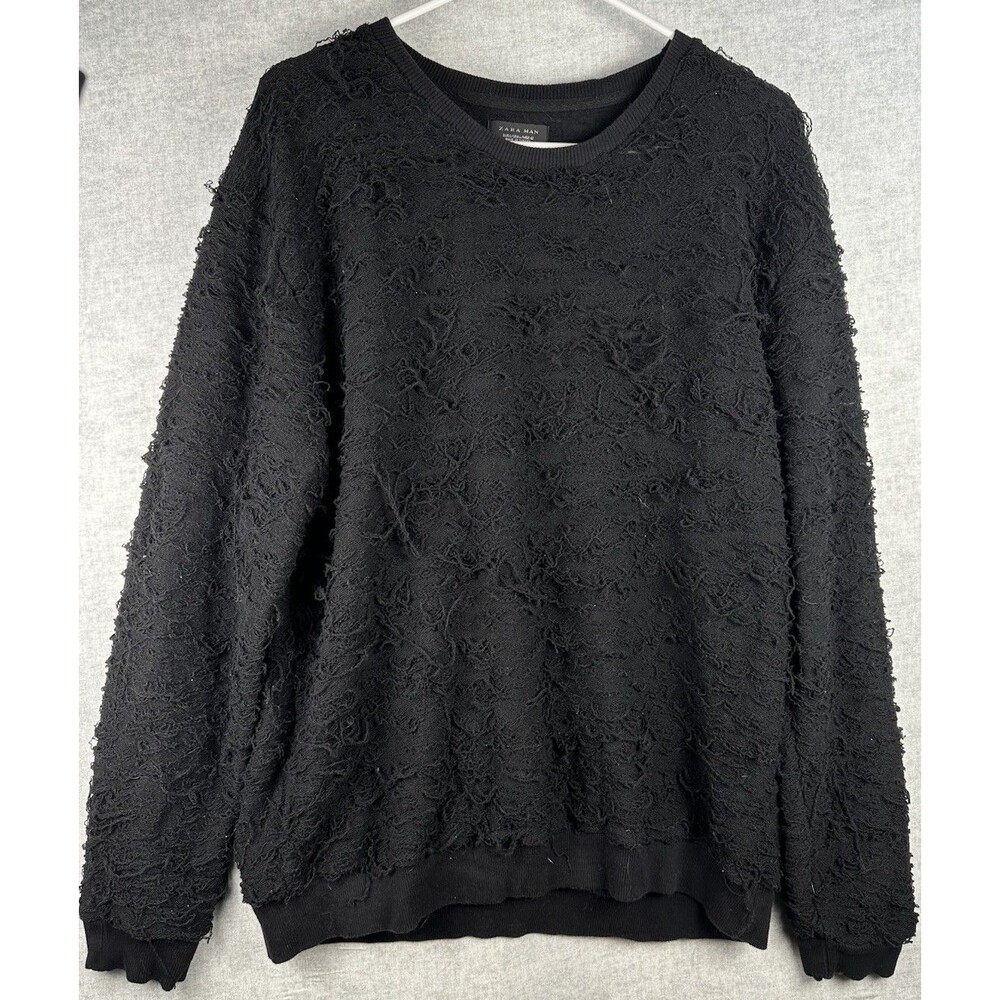 Zara Men's Black Fringe Textured Long Sleeve Crew Neck Knit Sweater Top Size Lrg